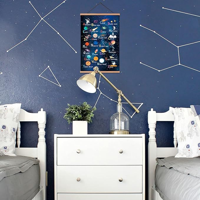 KAIRNE Outer Space Art Print With Wood Magnetic Poster Hanger Frame, Astronomy Alphabet Letters Canvas Wall Art,Abstract Universe Educational Poster,35X56CM Hanging Painting For Home Classroom Decor