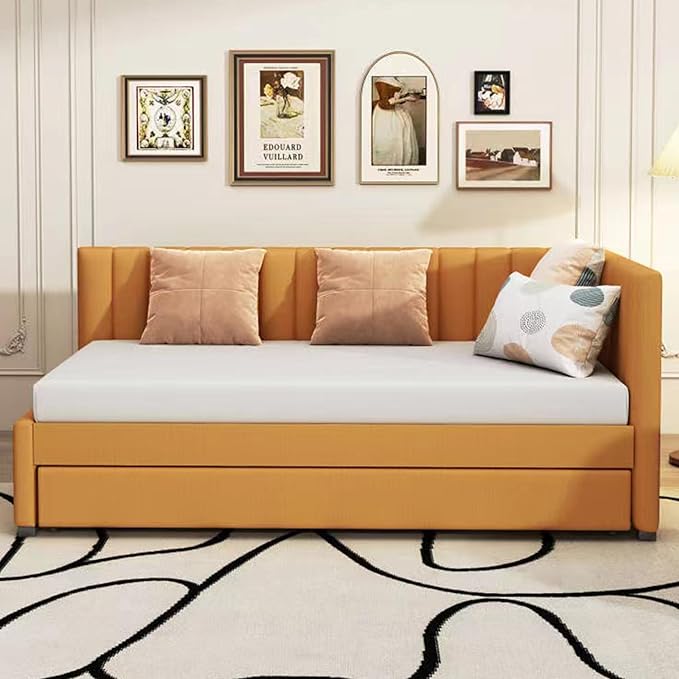 Harper & Bright Designs Upholstered Daybed with Trundle Twin Size Sofa Bed Frame No Box Spring Needed, Linen Fabric(Yellow)