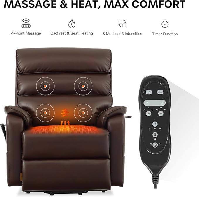 DYNOX 400 lbs Big & Tall Power Lift Recliner Chair for Elderly, Oversized Wide Dual Motor Lay Flat Infinite Positions Recliner with Heat and Massage(9298W,Faux Leather,Brown)