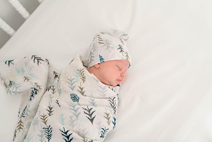 Miaoberry Forest Organic Muslin Swaddle Blankets for Baby Boy with Matching Hat and Wooden Hello World Newborn Sign | Newborn Photography Props | Birth Announcement Sign