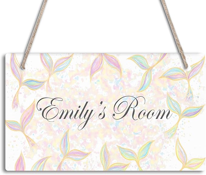 Dreamy Mermaid Design Personalized Room Door Sign Custom Name Signs Kids Girls Bedroom Decor Nursery Dorm Farmhouse Baby Room Wood Hanger Toddler Art Wall Plaque 12x6 Inches