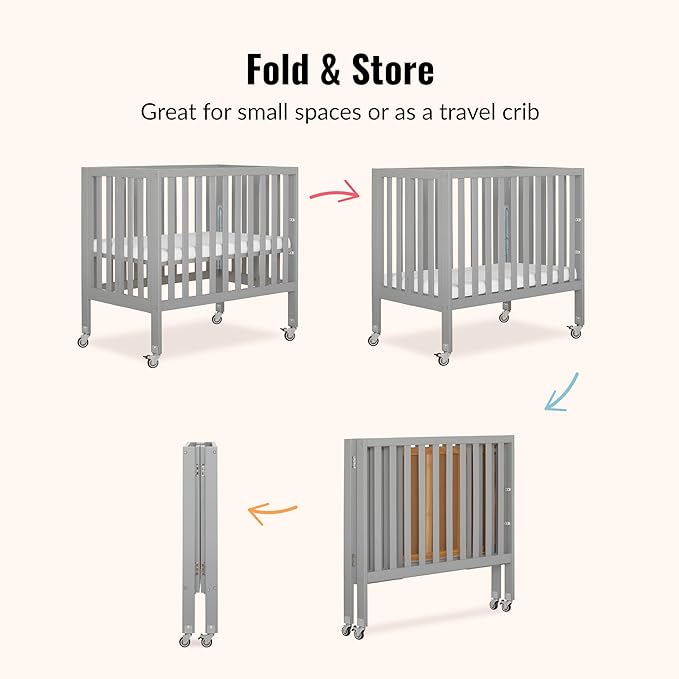 Dream On Me Jett Mini Folding Baby Crib in Pebble Grey, GreenGuard Gold & JPMA, Lightweight & Portable, Patented Flat Folding System, Small Spaces & Travel, 1.5” Mattress Pad, 3 Heights, Safe Wheels