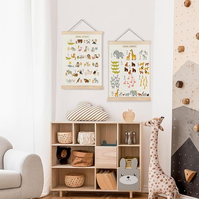 LUVADIAN Alphabet Numbers Educational Poster - Classroom Nursery Wall Decor Poster Hanger Frame Set of 2, Woodland Animals Nursery Decor, Toddler Learning Posters for Nursery Kids Room,12x16 Inches