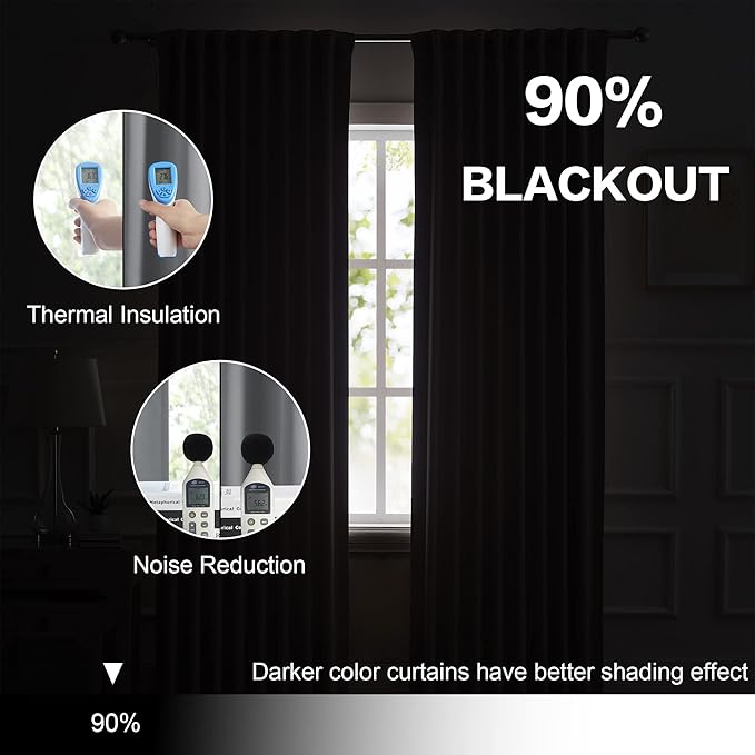 DUALIFE 90 Inch Curtains Grey Thermal Insulated Blackout Curtains, Back Tab and Rod Pocket Room Darkening Curtains for Bedroom 52W x 90L, Grey, 2 Panels