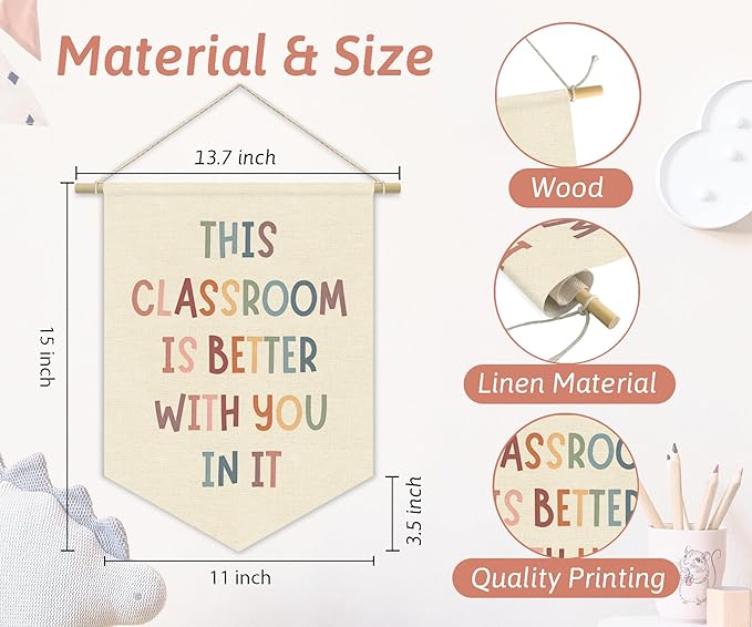 Boho Classroom Decor Canvas Banner，This Classroom Is Better With You In It Boho Classroom Decorations,Welcome Sign,Teacher Gift,Canvas Hanging Pennant Banner Wall Door Window Sign Decor