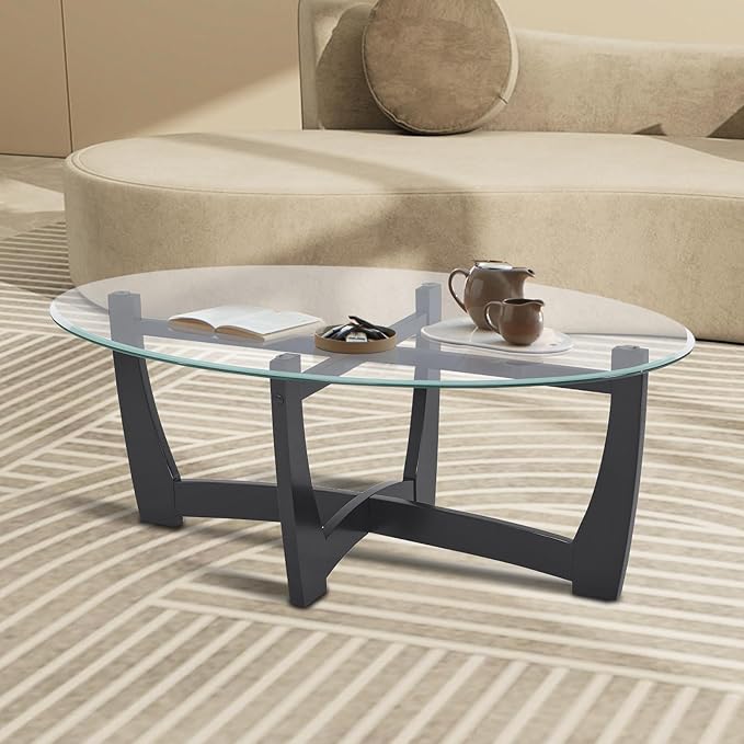 LKTART 48" Oval Glass Coffee Table with Tempered Glass Top Cross and Solid Wood Base Simple & Modern Center Table for Living Room Office Apartment Black