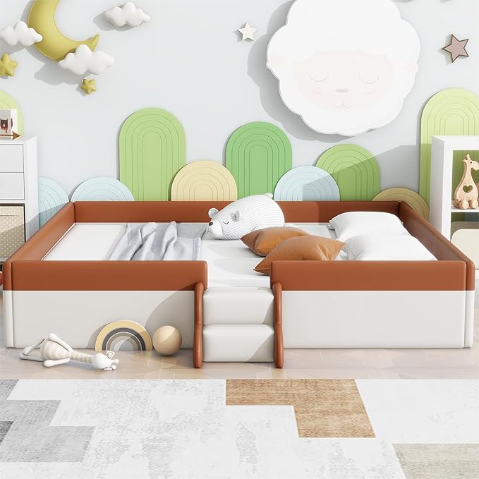 Merax Upholstered Kids' Daybed, Daybed Frame with Fence and Stairs, No Box Spring Needed, King Size, Brown+White