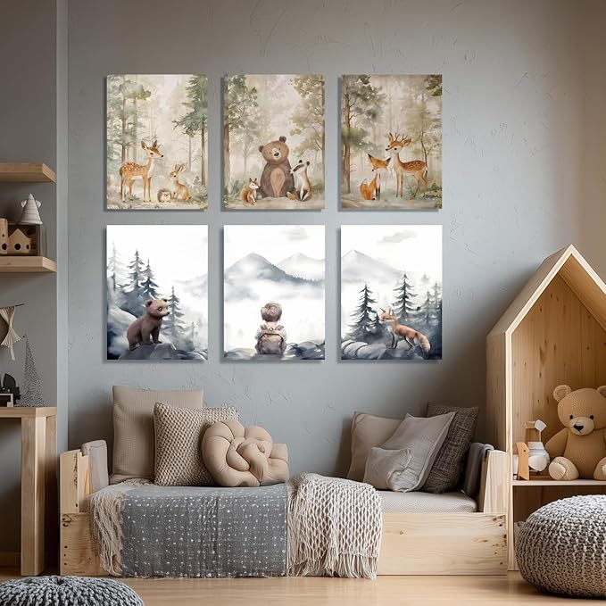 Cyebmo Framed Woodland Boy Nursery Wall Art Set of 3, Whimsical Boy Adventure Wall Decor, Mountain Forest Animal Bear Fox Wrapped Canvas Artwork for Classroom Kids Room Baby Nursery 12"x16"x3