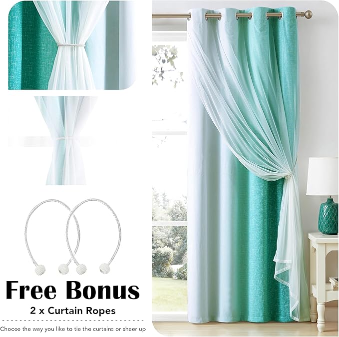 100% Blackout Curtains with Sheer Overlay Mix and Match Double Layer Drapes 63 Inch Length 2 Panels for Bedroom Living Room Teal White Ombre Grommet Window Treatment with Tiebacks