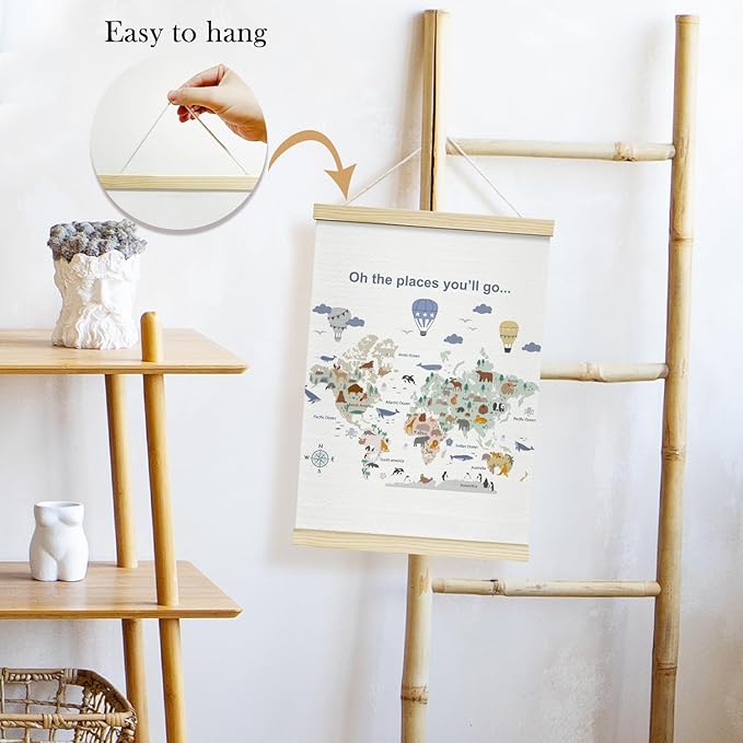TRKAE Animals World Map Canvas Poster Hanger Frame, Educational Wall Art for Kids, Learning Wall Decor for Classroom Nursery Playroom Bedroom -032