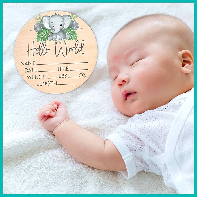 Birth Stat Sign for Newborn - Baby Name Announcement - Hello World Elephant Hospital Photography Prop - Jungle Safari