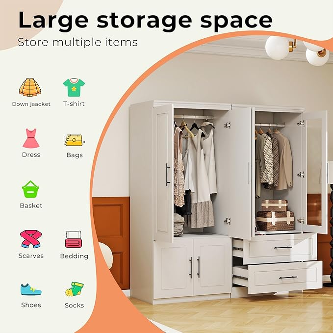 Armoire Wardrobe Closet with 2 Glass Door: White Wood Wardrobe Closet Wooden Bedroom Armoire 2 Drawer with Hanging Rods for Home/Bedroom/Living Room