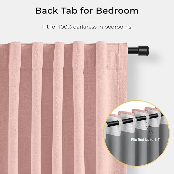 INOVADAY 100% Blackout Curtains for Bedroom, Black Out Curtains 84 Inch Long, Clip Rings Linen Blackout Drapes, Thermal Insulated Room Darkening for Living Room, 1 Panel - Blush Pink,W102xL84