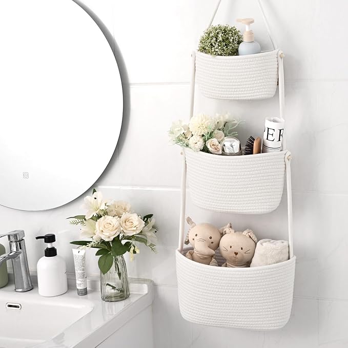 Hanging Storage Baskets, 3-Tier Over the Door Basket, Cotton Wall Baskets Storage, Detachable Hanging Door Basket with 4 Hooks, Over the Door Organizer Nursery for Bedroom, Living Room, Bathroom Wall