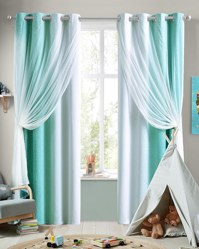 100% Blackout Curtains with Sheer Overlay Mix and Match Double Layer Drapes 90 Inch Long 2 Panels for Bedroom Living Room Teal White Ombre Grommet Window Treatment with Tiebacks