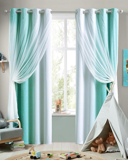 100% Blackout Curtains with Sheer Overlay Mix and Match Double Layer Drapes 90 Inch Long 2 Panels for Bedroom Living Room Teal White Ombre Grommet Window Treatment with Tiebacks