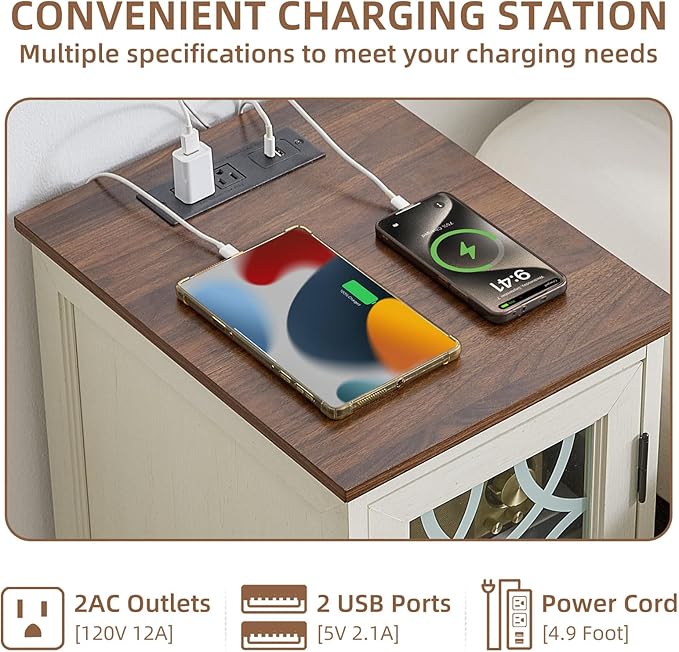 Narrow Side Table with Charging Station, Night Stand with Glass Door, Bedside End Tables with Adjustable Shelf Storage Cabinet,Wood Nightstand for Small Spaces Living Room Bedroom