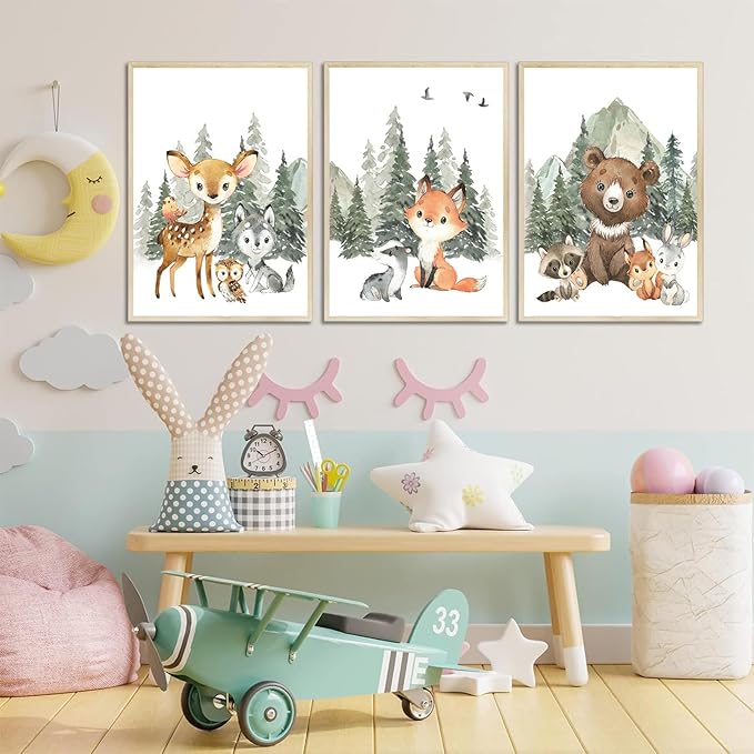 3Pcs Woodland Animal Nursery Canvas Wall Art Forest Adventure Theme Animals Picture Posters Wall Decor Cute Watercolor Deer Bear Fox Painting Print Artwork for Kids Baby Bedroom Decor 12x16in Unframed