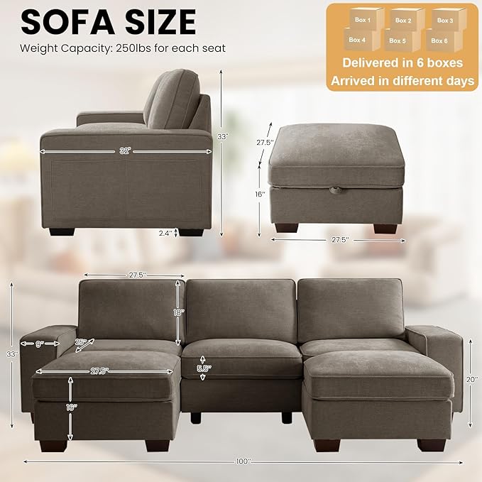 TEKAMON 100" Modular Sectional Sofa with Seats Storage, U Shaped Couch with Movable Ottomans, Chenille Fabric Couch for Living Room, USB Port, Removable Cover(Brown, 3 Seater & 2 Ottomans- U Shape)