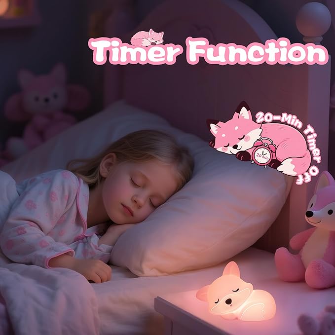 YuanDian Fox Night Light for Girls, Squishy Fox Silicone Lamp Novelty Gifts, Rechargeable Dimmable Timer Bedside Touch Nightlight for Breastfeeding Toddler Baby Kids