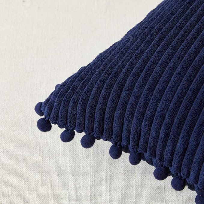 Fancy Homi 2 Pack Navy Blue Lumbar Decorative Throw Pillow Covers 14x24 Inch with Pom-poms for Couch Bedroom Sofa, Farmhouse Boho Home Decor, Soft Corduroy Solid Rectangle Cushion Case 35x60 cm