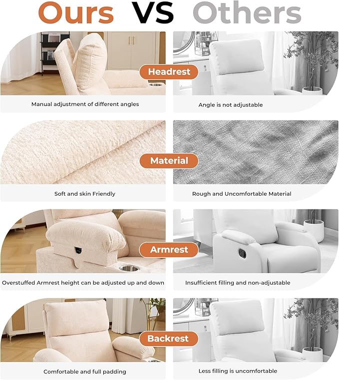Rocking Chair Nursery with Adjustable Armrests, Electric Glider Recliner Nursing Chair for Breastfeeding, Power Swivel Recliner Chairs with Massage and Heat, Adjustable Headrest , FSC Certified, Beige