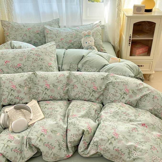 Duvet Cover King 3Pcs Green Pink Floral Bedding Set for Girls Kids Botanical Flower Bedding Reversible Striped Pattern Soft Microfiber Sage Green Bedding with 2 Pillowcases(No Comforter)