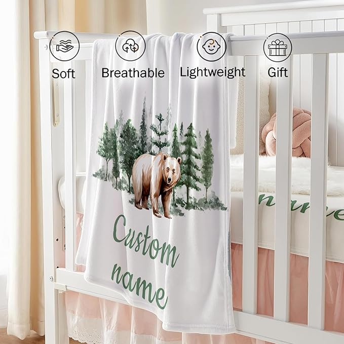 Custom Baby Crib Bedding Set - Brown Bear Design Personalized Name Baby Nursery Bedding 3 Pcs Set - Chic Soft Blanket, Fitted Sheet, Room Rug for Newborns Boys Girls Gifts