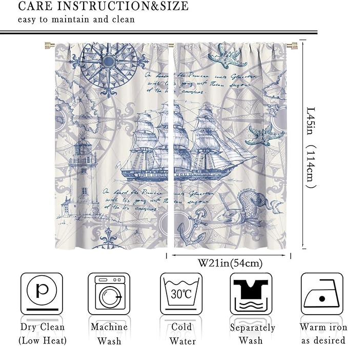 Nautical Sailboat Map Curtain,Ship Compass Lighthouse Anchor Decorative Curtain Polyester Fabric Waterproof Bedroom Curtain Set 2 Panels,42x45 Inches