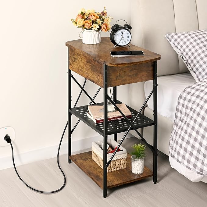 Livofloral Narrow End Table with Charging Station, Side Table with 3 USB Ports and 2 AC Outlets, Flip Top End Table with Storage, Nightstand with Drawer, Side Tables Living Room, Bedroom, Brown