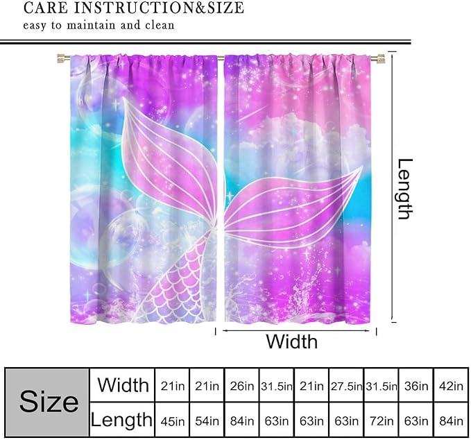 Suitable for Girls Mermaid Curtains, Rainbow Pink Purple Mermaid Tail Fish Scales Fantasy Ocean Print Curtains for Living Room Children Baby Room Nursery, 84x84 Inches