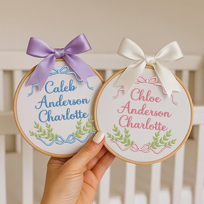 Personalized Baby Name Sign Welcome Baby Announcement Sign Newborn Baby Embroidery Hoop with Bows Baby Hospital Name Sign Custom Infant Baby Name Baby Shower Gifts (13)