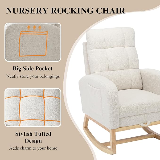 Nursery Rocking Chair, Polyester Upholstered Glider Chair with Footrest, Comfy Rocker Chair, Accent Chair with High Backrest, Glider Rocker, Armchair for Living Room (White Teddy)