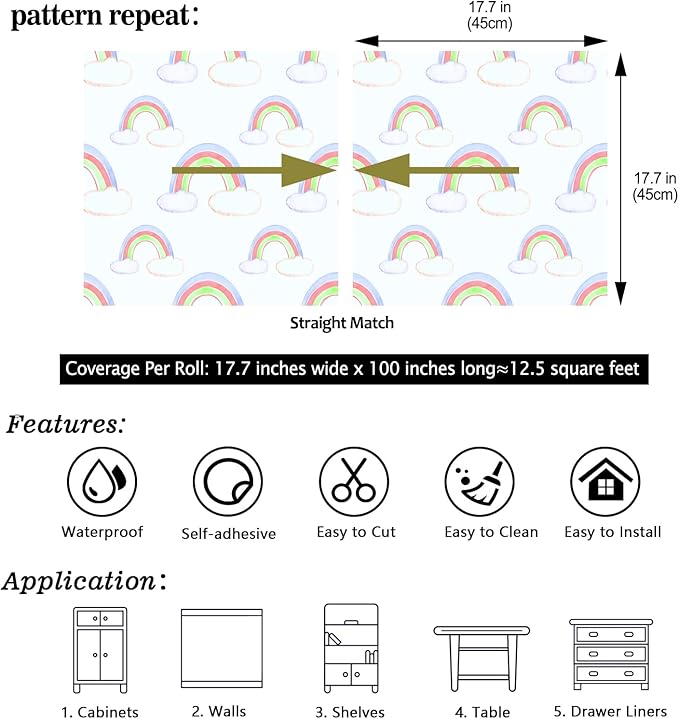 CHIHUT Watercolor Rainbow Cloud Peel and Stick Wallpaper Boho Colorful Rainbow Contact Paper for Cabinets 17.7”x100” Removable Self Adhesive Decorative White Wallpaper Roll for Nursery Wall Décor