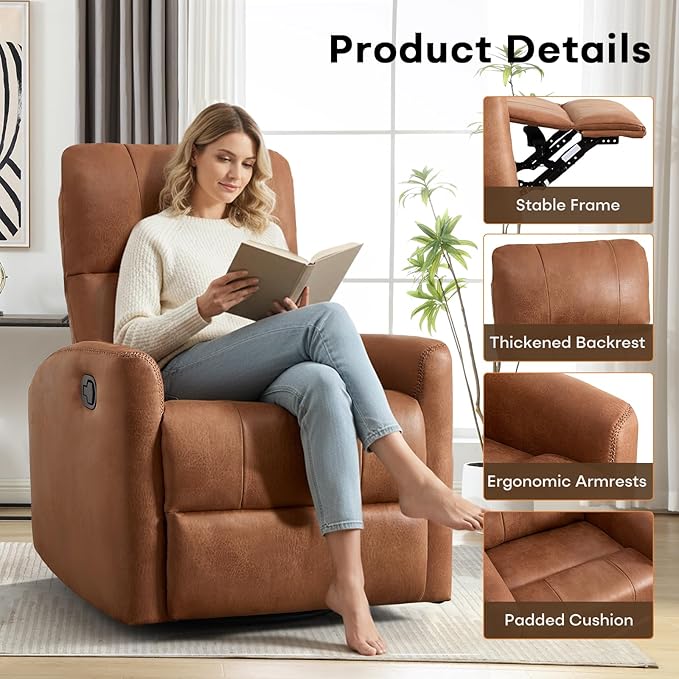 Swivel Rocker Recliner Chair, Manual Faux Leather Glider Rocking Recliners for Adults, 360° Swivel Nursery Reclining Sofa with Padded Backrest for Living Room, Dark Brown