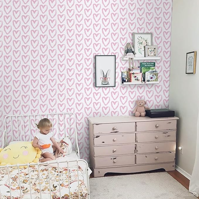 Timeet Pink Peel and Stick Wallpaper - Modern Heart Wall Decor, 17.7"x78.7", Self-Adhesive, Removable