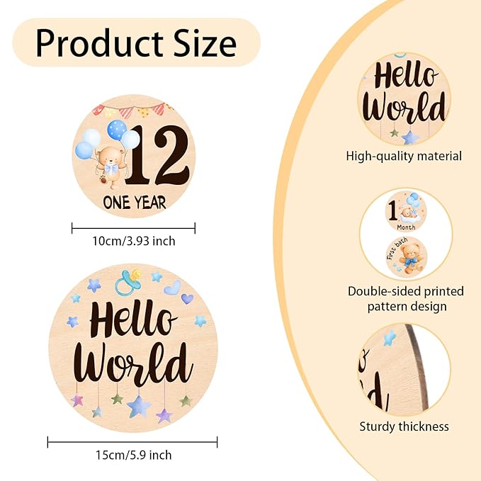 Baby Monthly Milestone Cards - 13 Double-Sided Wooden Milestone Signs Discs with Bear & Star Designs, Little Bears Birth Announcement Cards for Photo Props(0-12 Months), Newborn Sign Baby Shower/Gift