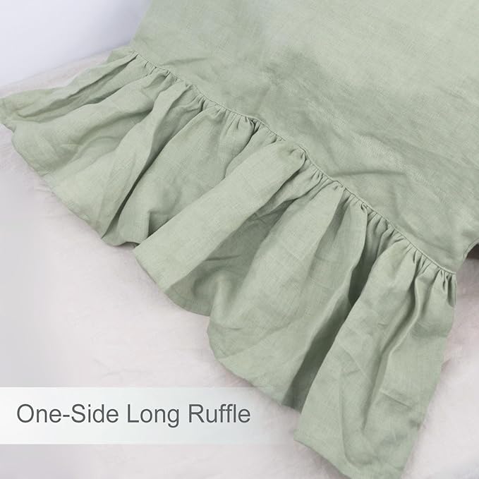 Bean Green Ruffles Linen Pillowcase, 100% French Linen Pillow Cover, Queen Size 1 Piece Farmhouse Shabby Chic Pillow Case, 20''x30'' Pillowcase with Decorative Ruffle Envelope Closure