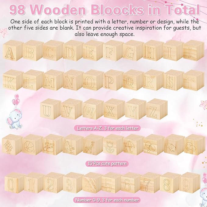 Marsui 136 Pcs Baby Shower Blocks to Decorate Game Kit Includes 98 Wooden Blocks, 36 Markers, 1 Game Sign, 1 Storage Box for Baby Shower Gender Reveal Activity Party Decorations(Pink Elephant)