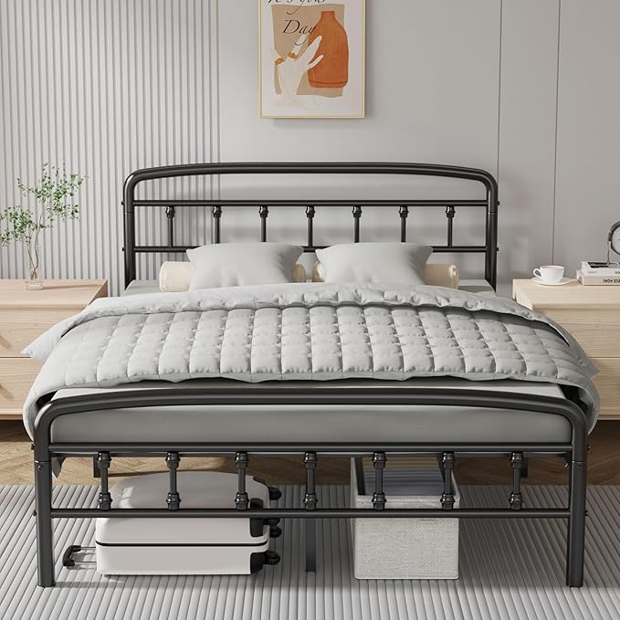 Metal Full Size Bed Frames with Headboard, 1500 Lbs Heavy Duty Bed Frames Noise-Free Design & 12" Underbed Storage,No Box Spring Needed/Tool-Free 30 Mins Assembly