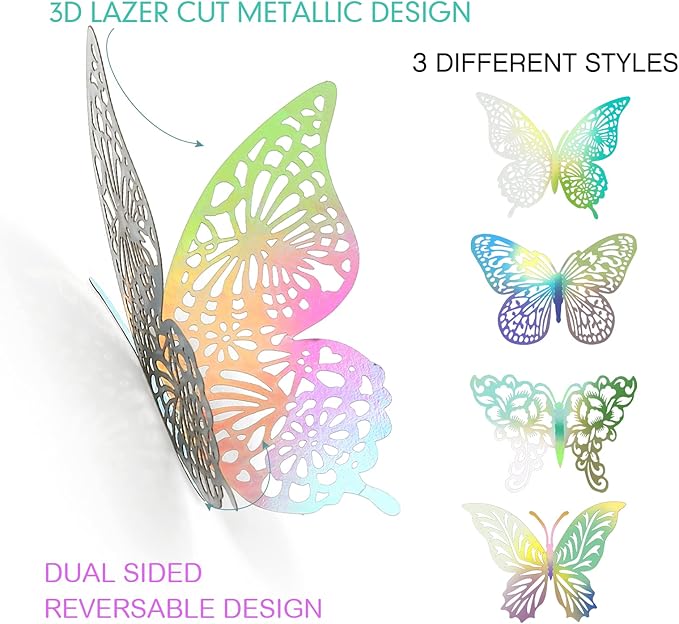 3D Gold Butterfly Wall Decor 3 Sizes 4 Styles Butterfly Party Decorations Cake Decorations Removable Stickers Wall Decor Room Mural Metallic Kids (Laser Colored, 96Pcs)