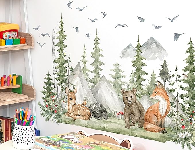 Large Jungle Animals Wall Decals Forest Tree Wall Decal Peel and Stick Woodland Bear Fox Deer Wall Stickers Giant Mountain Art for Bedroom Nursery Room MS230