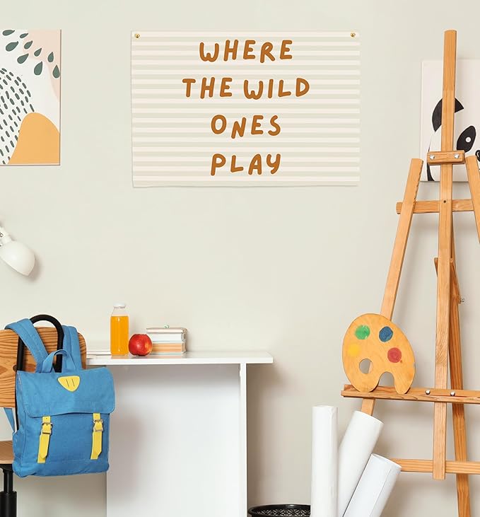 Playroom Rectangular Canvas Banner-Flag Wall Sign Decor for Kids Teen,Playroom Nursery Baby Room Bedroom Living Room Wall Decor-Where the Wild Ones Play-Baby Shower Birthday Christmas Gift