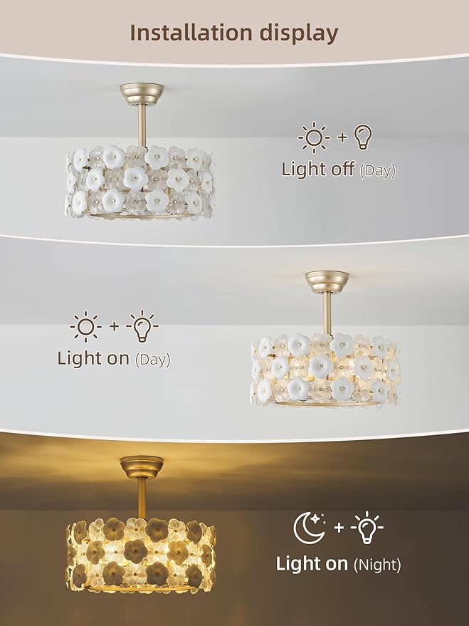 20" Gold Fandelier Ceiling Fan with Light, Caged Flower Chandelier Ceiling Fans with Lights Remote Control, Mid-Century Modern with 6 Speeds for Bedroom, Nursery