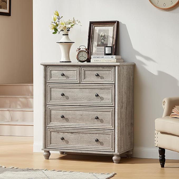 Farmhouse 5 Drawer Dresser for Bedroom Set of 2, 35.5" Tall Small Dressers & Chest of Drawers, Rustic Wood Dresser with Roman Column, Storage Organizer for Living Room, Hallway, Closet (Grey)