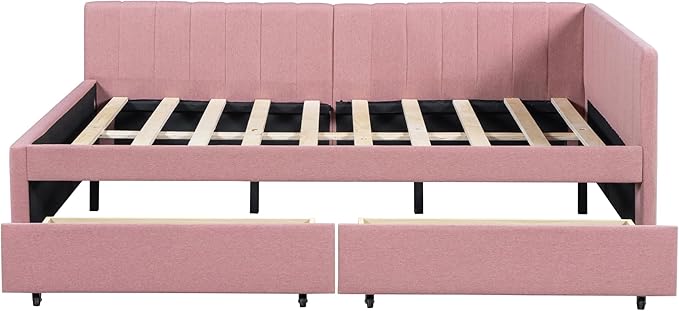 Harper & Bright Designs Full Size Upholstered Daybed with 2 Storage Drawers Sofa Bed Frame for Boys Girls Kids Adults Toddler No Box Spring Needed, Linen Fabric (Pink)
