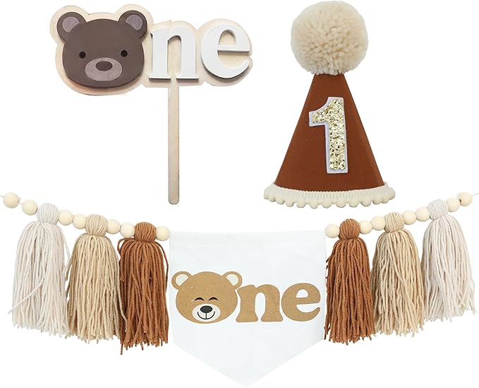Bear Theme First One High Chair Banner For 1st Birthday Party Decorations With One Cake Topper