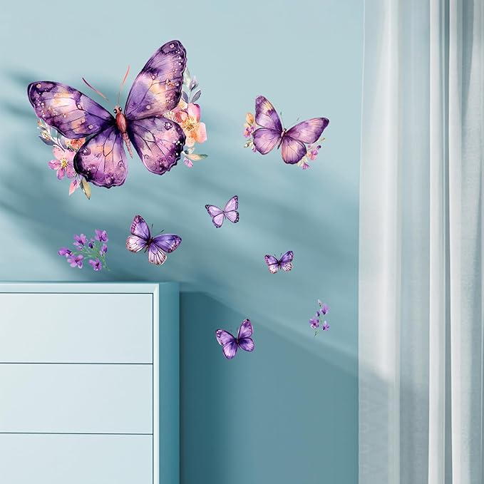 Purple Butterflies Wall Stickers Pink Flower Wall Decals, Removable Peel and Stick Wall Art Murals for Girls & Boys Bedroom,Nursery Bathroom Playroom Living Room