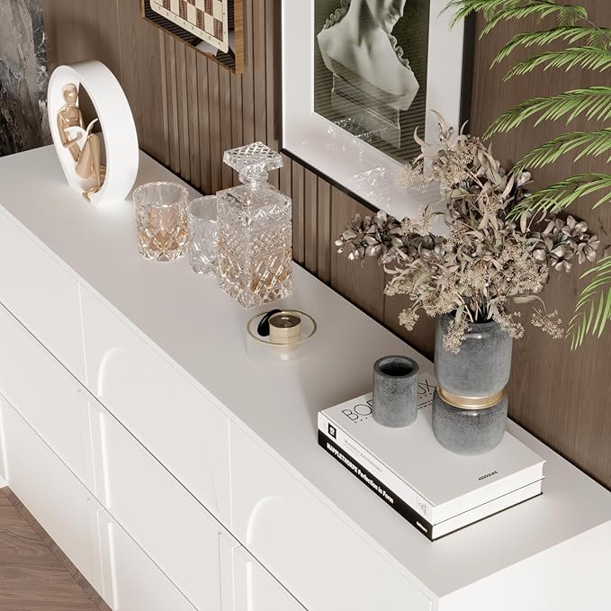 9 Drawer Dresser Chest of Drawers, Modern White Dresser for Bedroom, 63” Wide Drawer Chest, No Handles, Arch-Shape Pattern, 9 Drawer Cabinet, 13.8”D x 63”W x 31.5”H