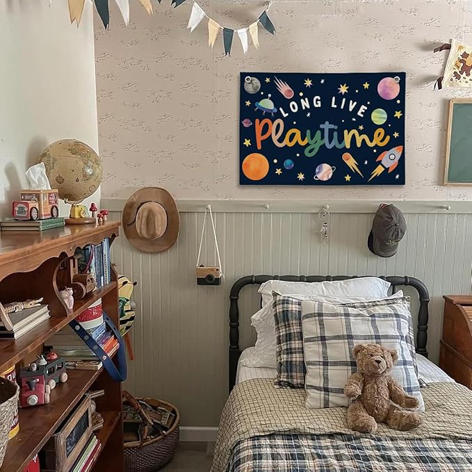 Playroom Wall Decor, Kids Toddler Boy Playroom Space Nursery Decor Hanging Linen Banner, Play Room Wall Decor for Kids Boys Nursery, 20x30 Inch